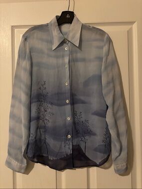 Custom 100% Silk Sheer Ombre Blue Button-Up Blouse- Watercolor Tree Motif Sz S
